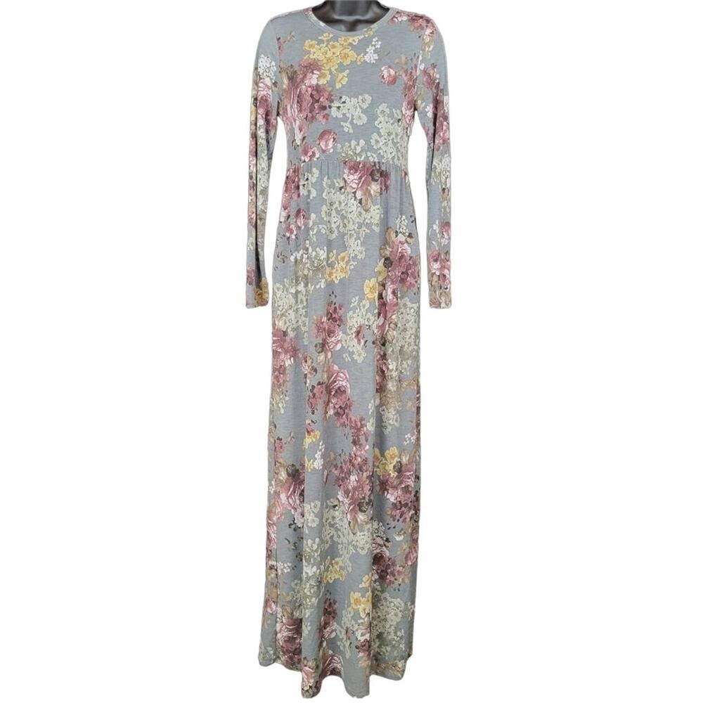 Bellamie‎ Gray Floral Print Long Sleeve Maxi Dress Women's S